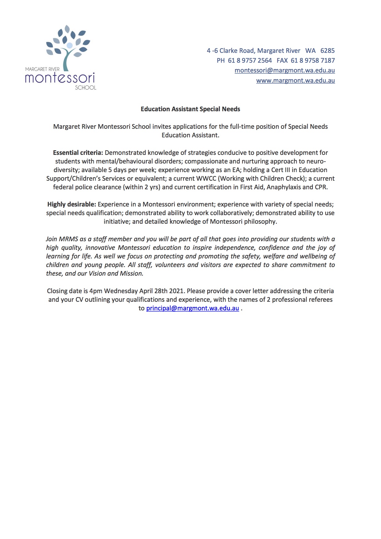 Employment Opportunity Education Assistant Special Needs